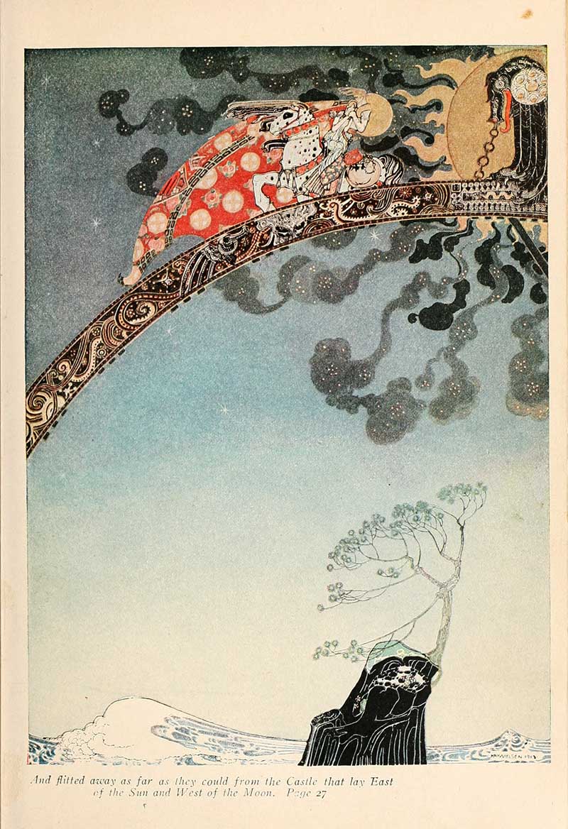 Kay Nielsen illustration from East of the Sun and West of the Moon showing the prince and heroine fleeing from the castle across a sweeping bridge