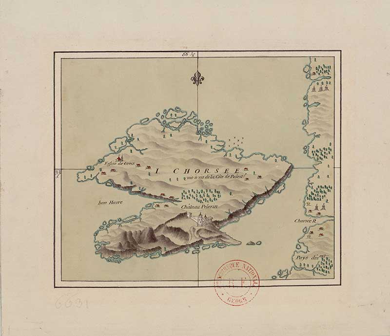 Manuscript map of Chorsee island off the coast of Palestine, with a long island outline, shaded hills and mainland coast opposite