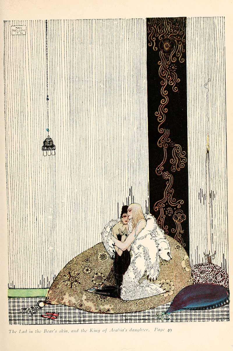 Kay Nielsen illustration from The Blue Belt showing the lad in the bear skin with the King of Arabia’s daughter in a richly patterned room