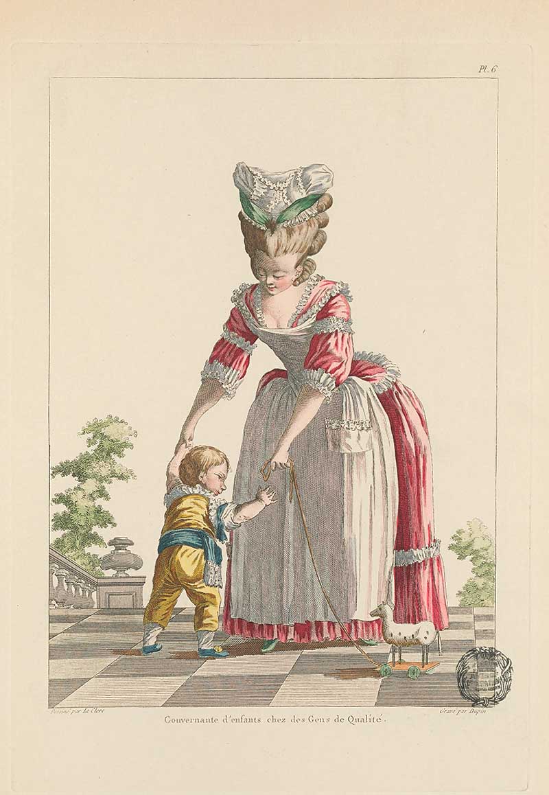 Woman in a grey and pink dress guiding a small child on a terrace, both in formal 18th century dress, French Galerie des Modes fashion print 18th century costume illustration