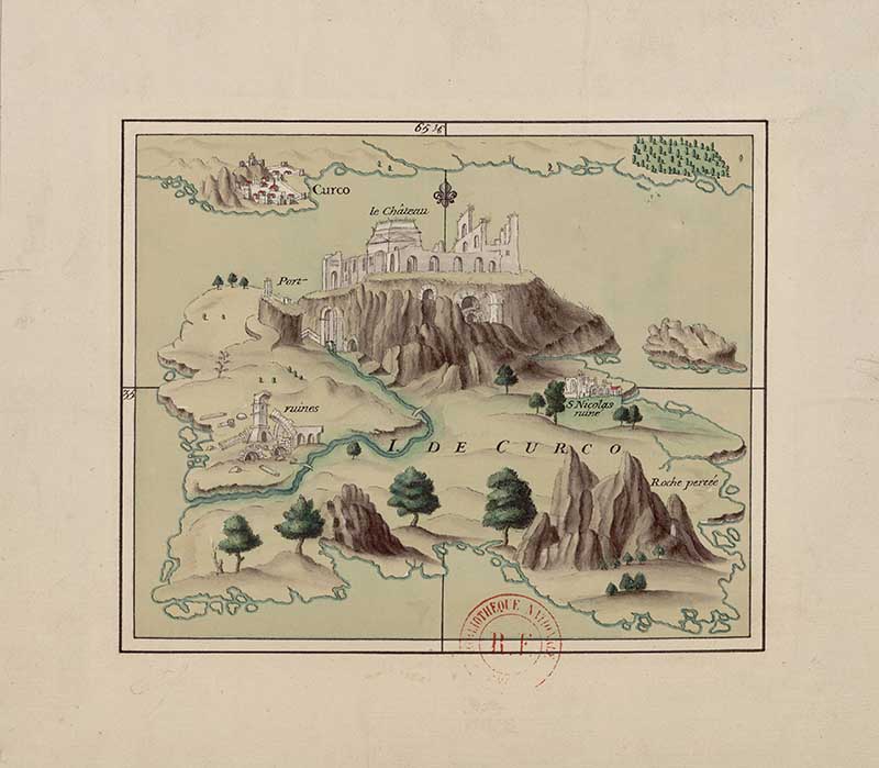 D’Anville manuscript map of Curco island, likely Korykos in Cilicia, with castle ruins, rocky hills, small islets and coastal notes