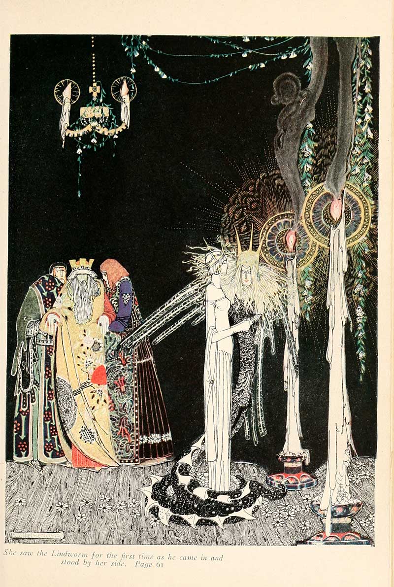 Kay Nielsen illustration from Prince Lindworm showing the bride meeting the lindworm in an ornate dark chamber