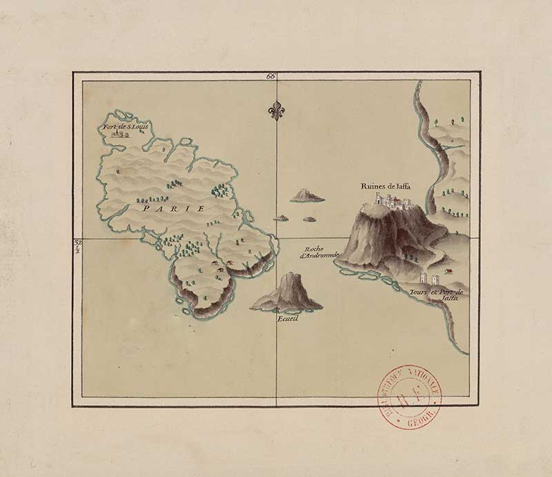 D’Anville manuscript map of Parie island opposite Jaffa, modern Yafo, with shoreline, small islets and shaded rocky coastal relief