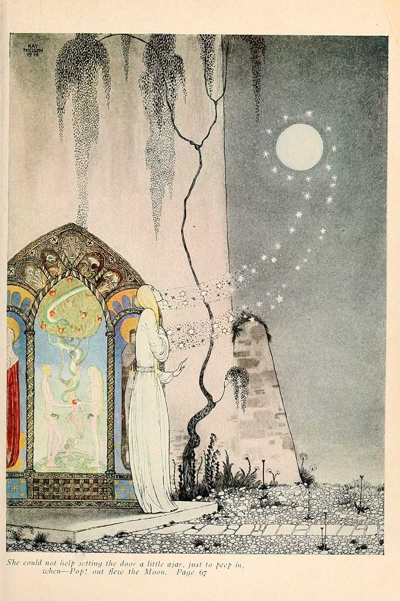 Kay Nielsen illustration from The Lassie and Her Godmother showing the Moon flying out after the forbidden door is opened