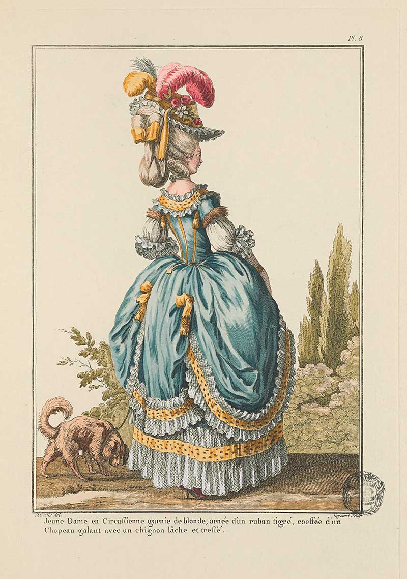Woman seen from behind in a blue gown trimmed with gold, tall feathered hat, and small dog at her feet, French Galerie des Modes fashion print 18th century costume illustration