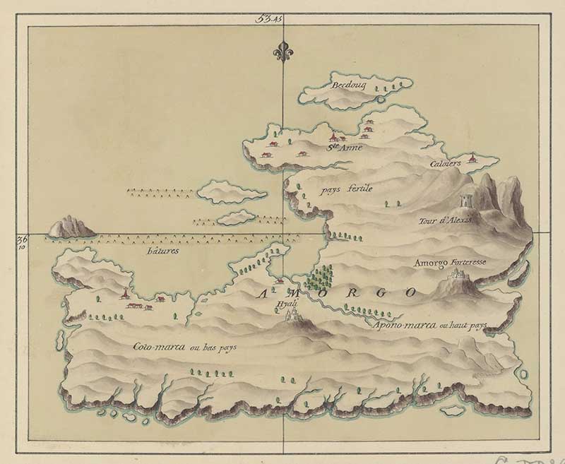 Antique d’Anville map of Amorgo, modern Amorgos, showing the island’s mountainous relief, bays, settlements and surrounding sea