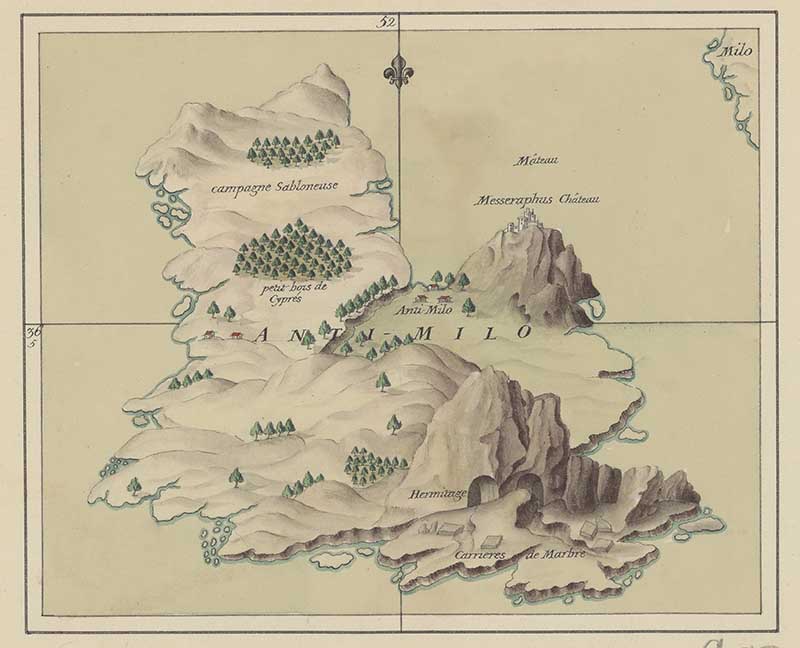 Antique d’Anville map of Anti-Milo, modern Antimilos near Milos, with steep mountains, tree symbols, bays and coastline details