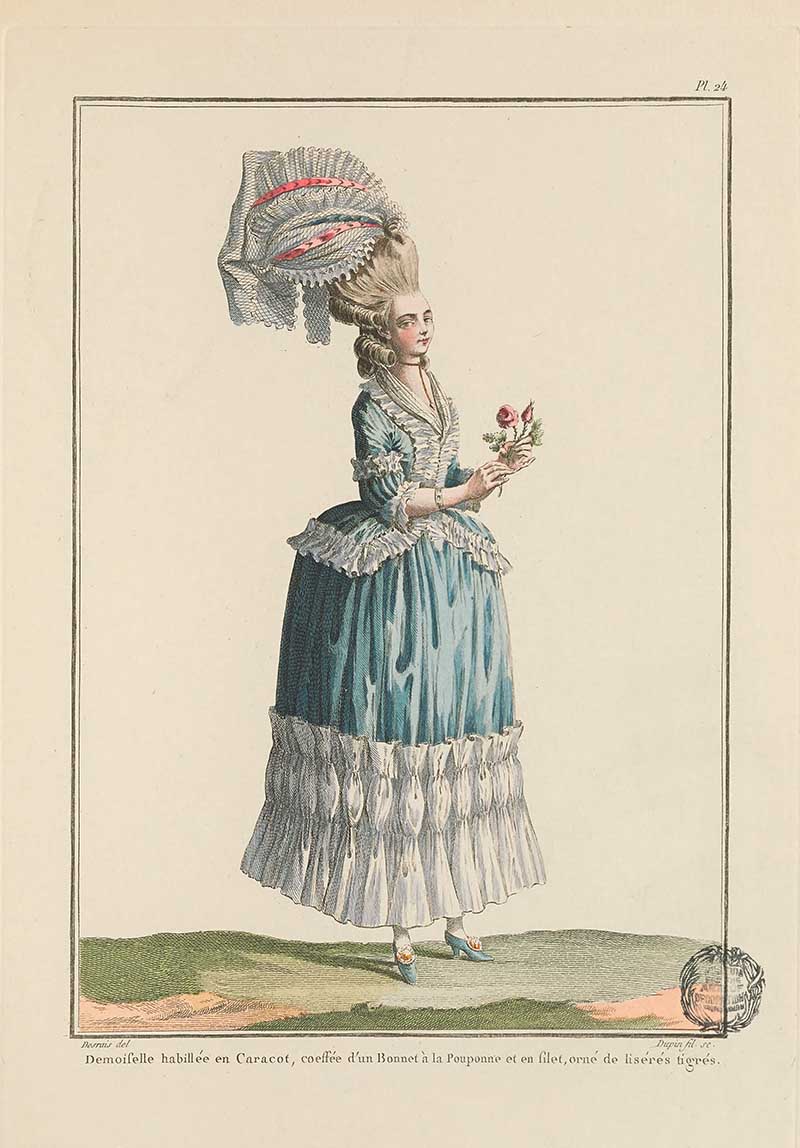 Woman in a blue gown with white ruffled hem, ornate lace headdress, and roses in hand standing in profile, French Galerie des Modes fashion print 18th century costume illustration