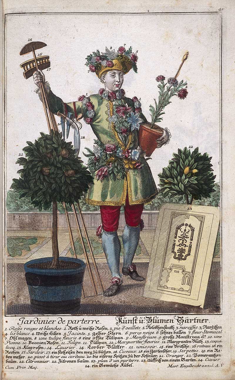 Antique costume print of a landscape gardener wearing flowers and greenery, holding garden tools beside potted shrubs, a rake, plant stakes, and a garden plan.