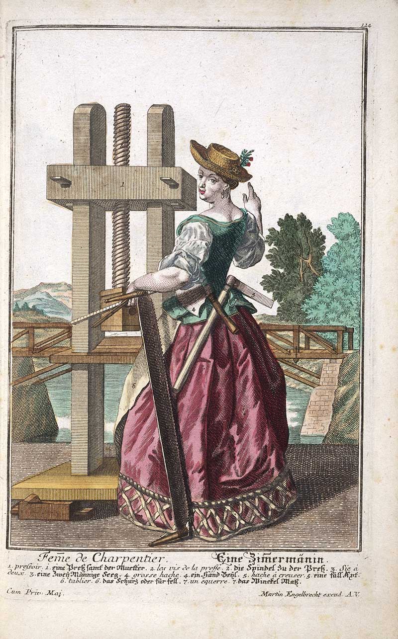 Antique costume print of a female carpenter beside a large wooden screw press, holding woodworking tools with timber and bridge carpentry details in the background.