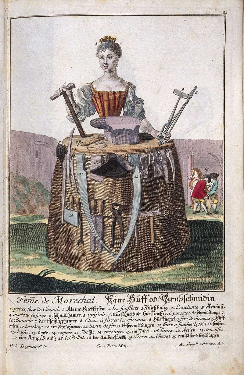 Antique costume print of a blacksmith's wife wearing farrier and smithing tools, including hammers, tongs, horseshoes, and an anvil-like work surface.