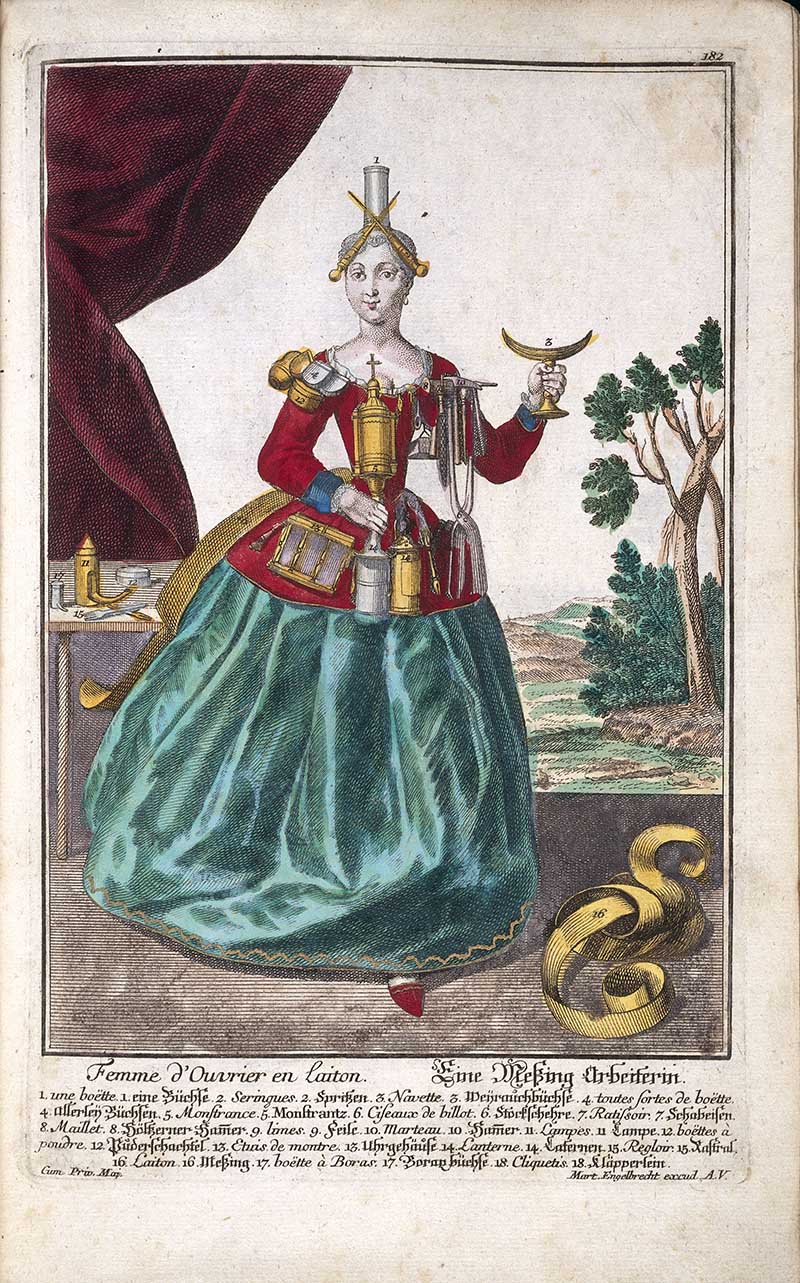 Antique costume print of a brass worker's wife displaying brass trade objects, including candlesticks, vessels, a crescent form, and rolled sheet metal.
