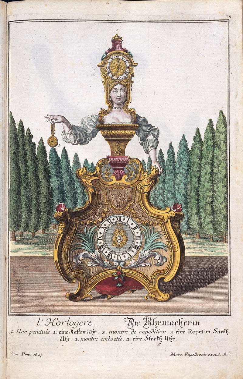 Antique costume print of a female clock and watch maker posed as an ornate clock, with a watch dial, pendulum, key, and decorative timepiece case.
