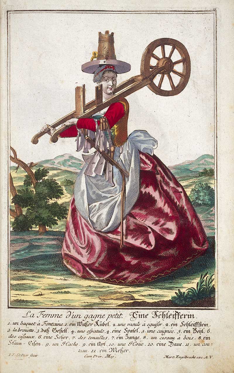 Antique costume print of a knife grinder's wife carrying a grinding wheel frame, blades, shears, and sharpening tools as part of her trade costume.