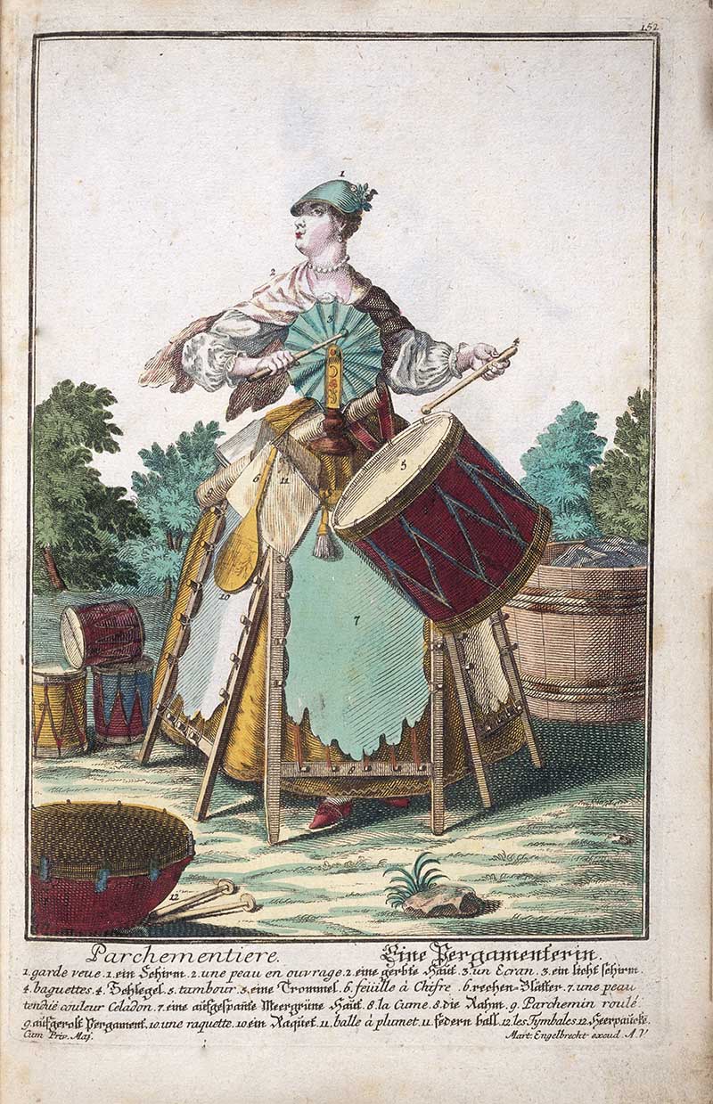Antique costume print of a parchment maker with stretched hides, scraping tools, frames, barrels, and workshop tubs used in preparing parchment.
