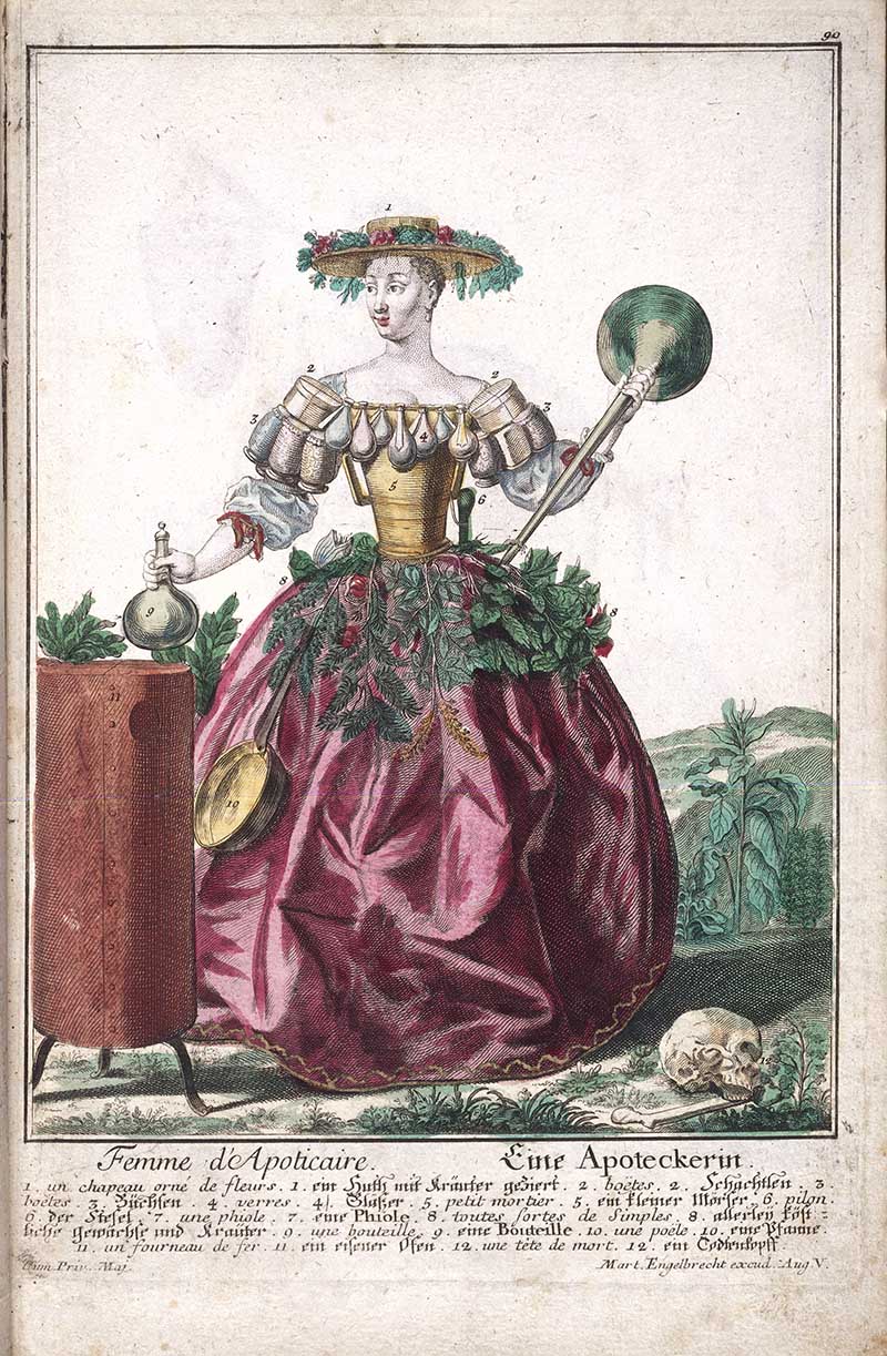 Antique costume print of an apothecary's wife with bottles, a still or kettle, ladle, bowl, and other pharmacy vessels arranged around her costume.