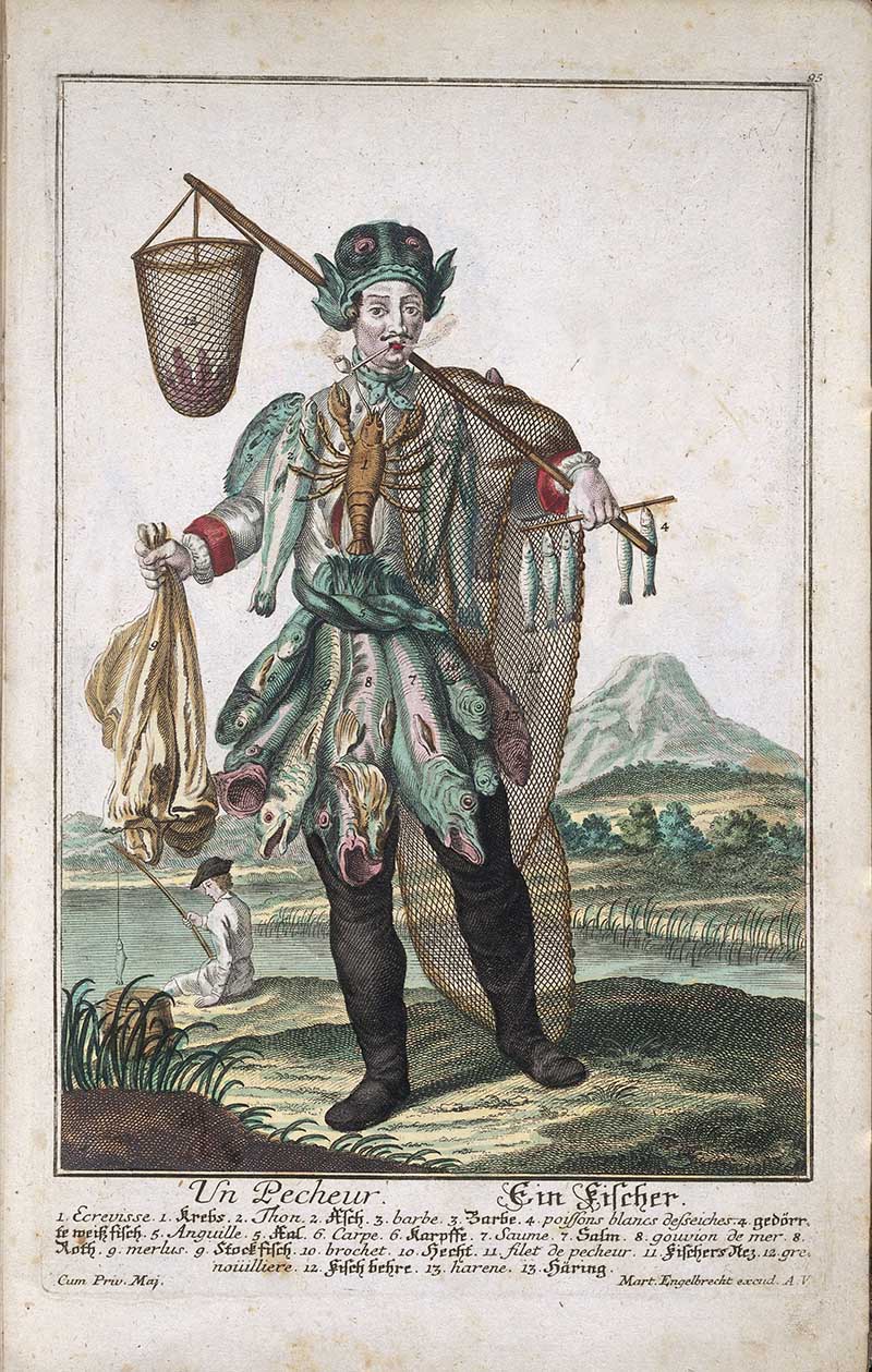 Antique costume print of a fisherman holding a net, hanging basket, eel or fish, and fishing rods in a waterside landscape.