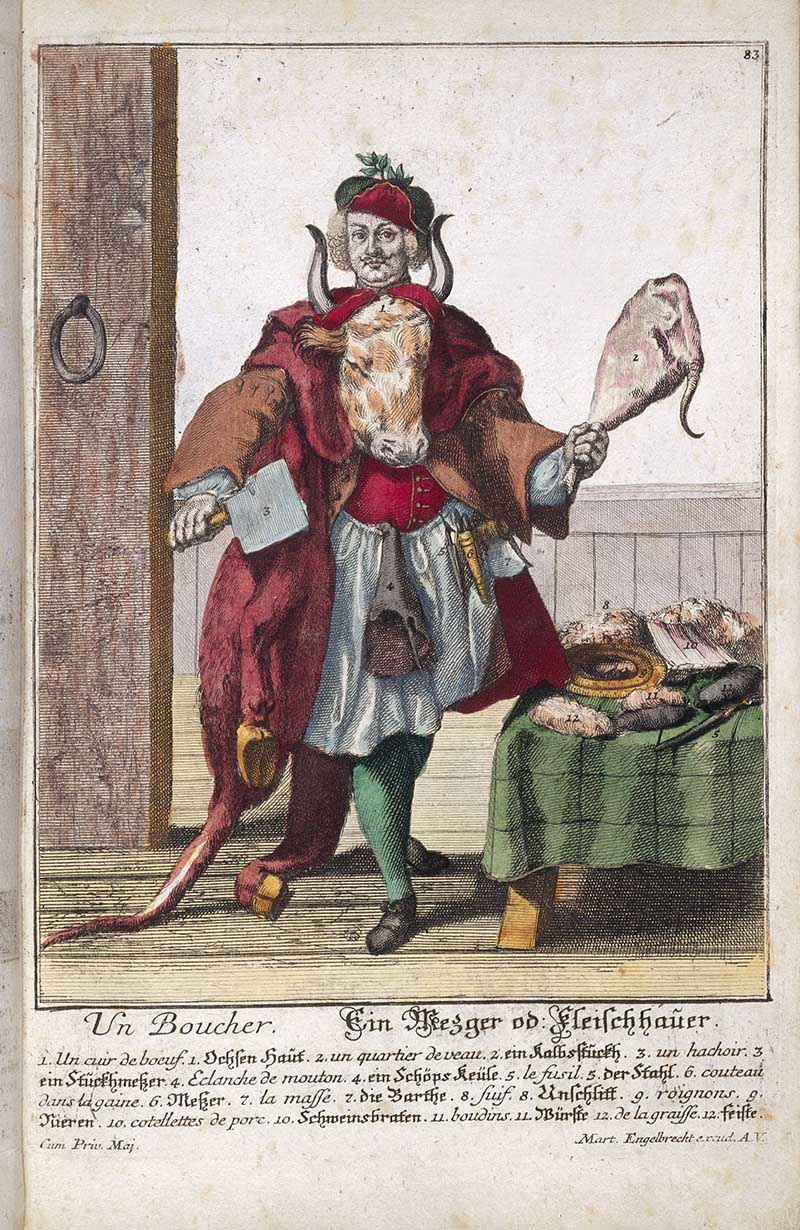 Antique costume print of a butcher holding a cleaver and a slab of meat, standing beside a table of cuts, sausages, and butcher's tools.