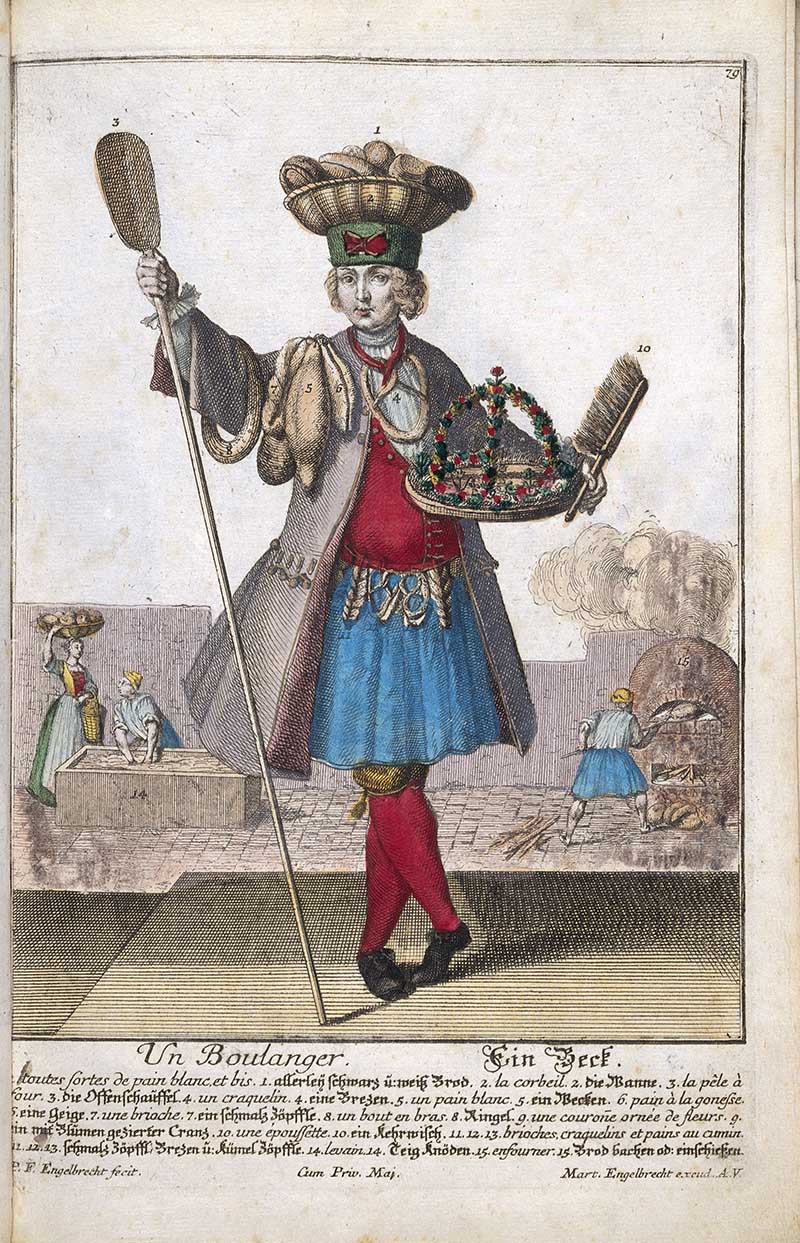 Antique costume print of a baker carrying loaves and a bread peel, with baskets, bread rolls, and an oven or bakehouse scene behind him.