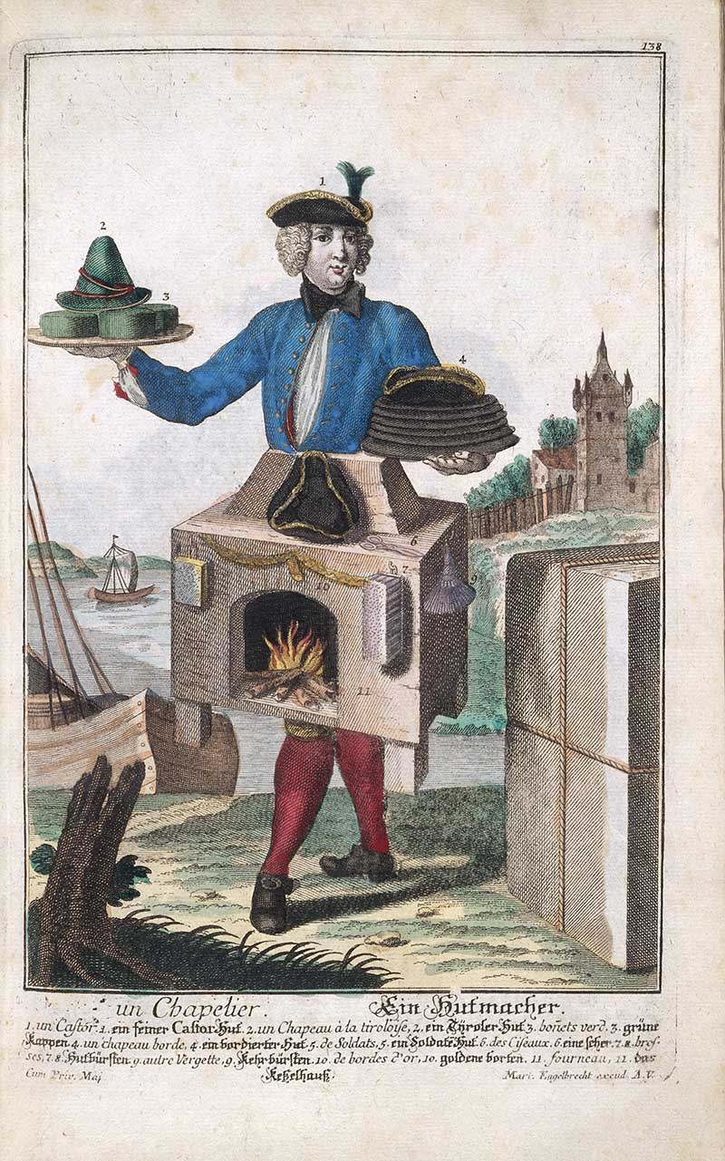 Antique costume print of a hatter carrying hats and hat brims, standing beside a furnace-like hatter's stove and stacked hat forms.