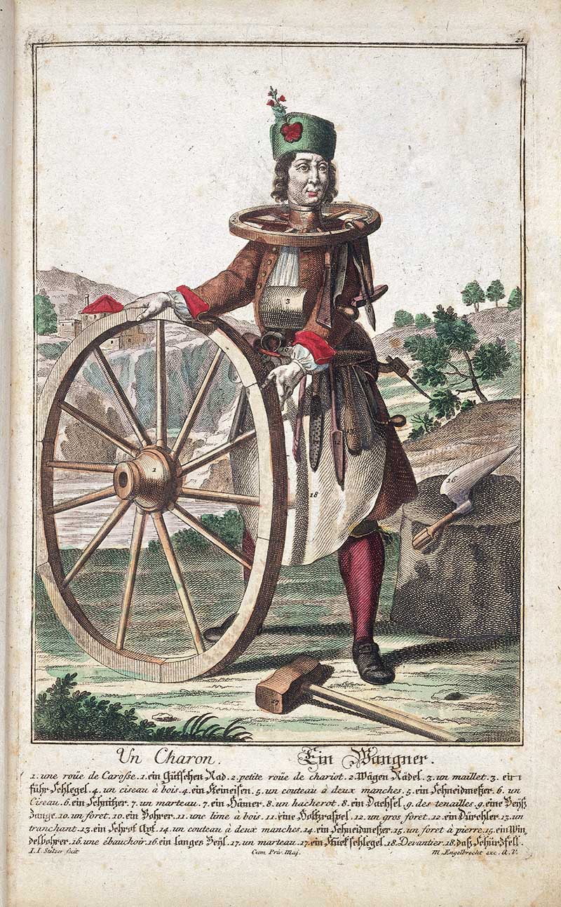 Antique costume print of a wheelwright or cartwright with a large cart wheel, axle, hammer, and other wheel-making tools.