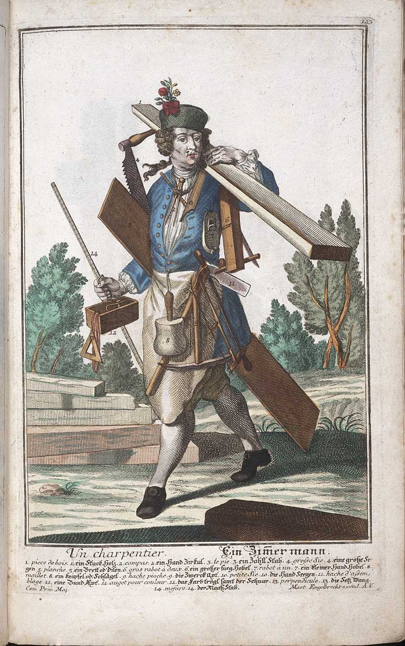 Antique costume print of a carpenter carrying planks, a saw, square, plane, and other woodworking tools near stacked timber.