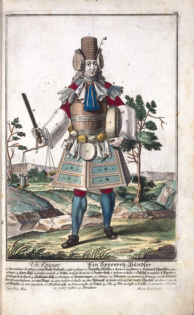 Antique costume print of a grocer with scales, tins, scoops, parcels, and shop goods arranged around his trade costume.