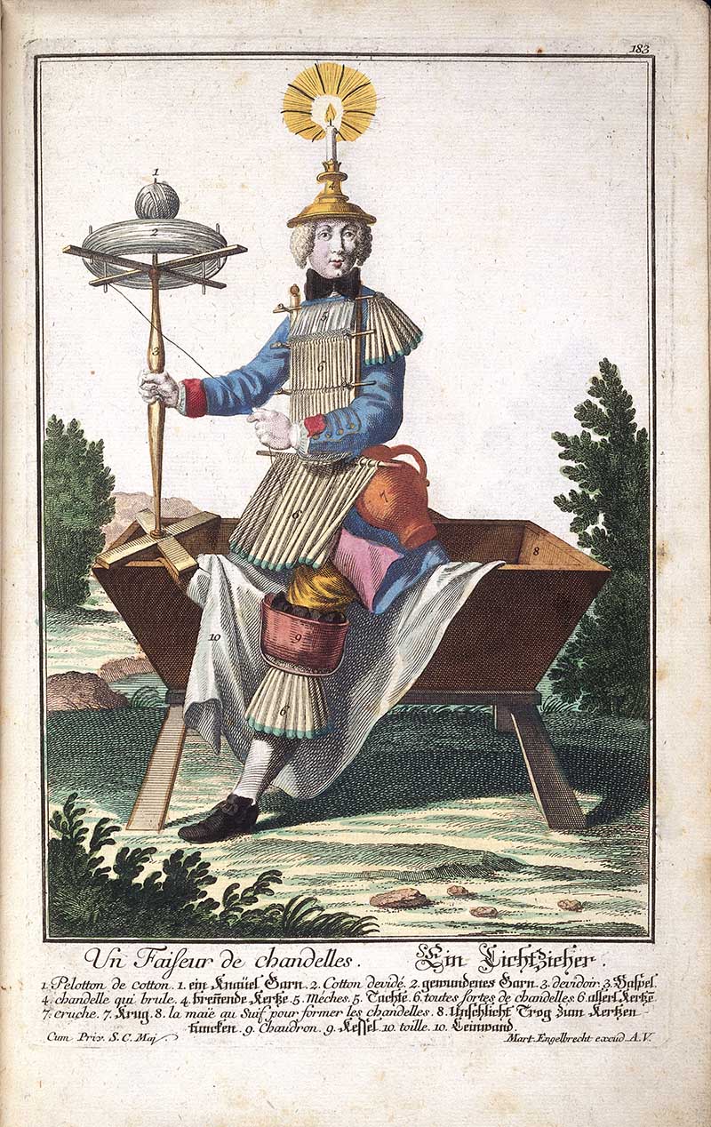 Antique costume print of a candle maker with candle moulds, wick frames, a dipping stand, and a small furnace or melting pot.