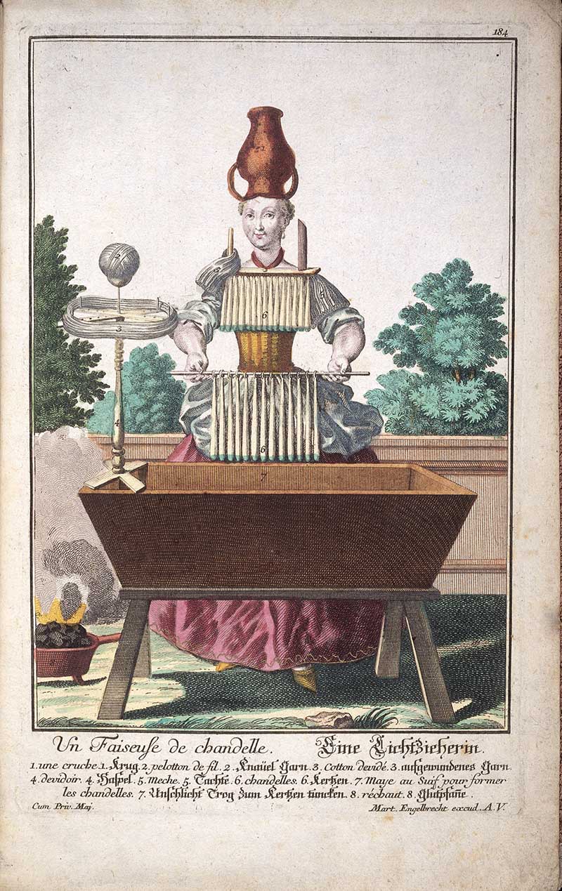 Antique costume print of a candle maker's wife beside a candle mould rack, with wicks, moulds, a workbench, and a small melting fire.