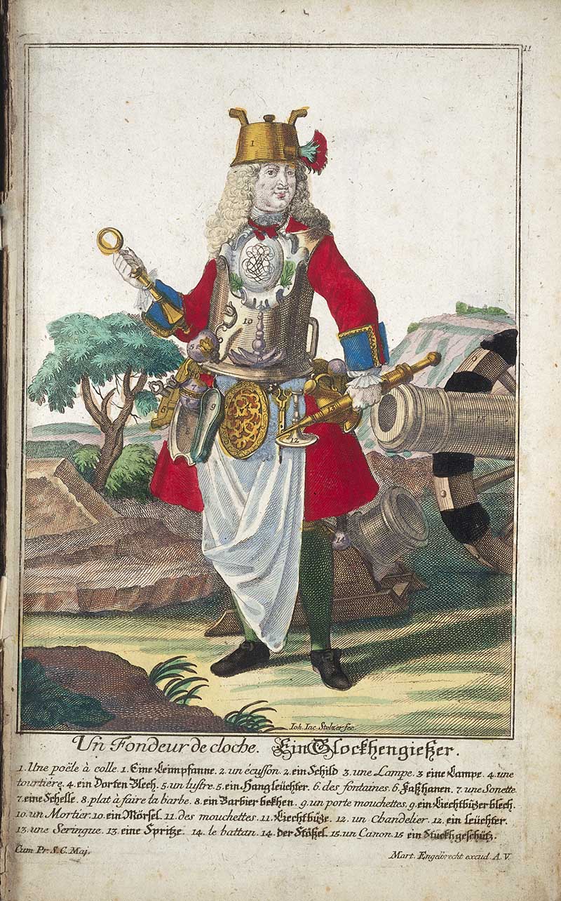 Antique costume print of a bell founder with casting tools, a bell or moulding apparatus, measuring instruments, and foundry equipment.
