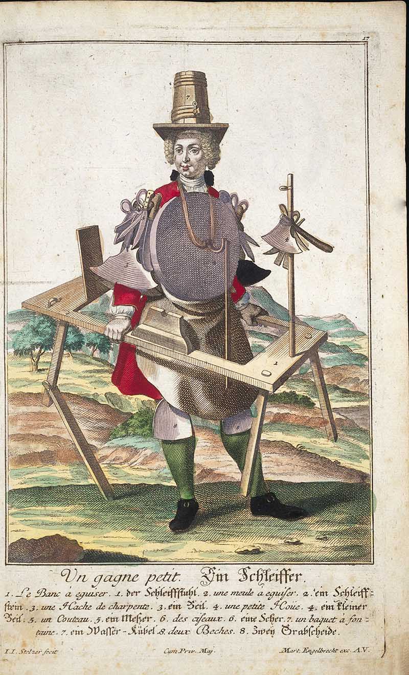 Antique costume print of a knife grinder carrying a portable grinding bench, sharpening frame, small tools, and measuring or cutting instruments.