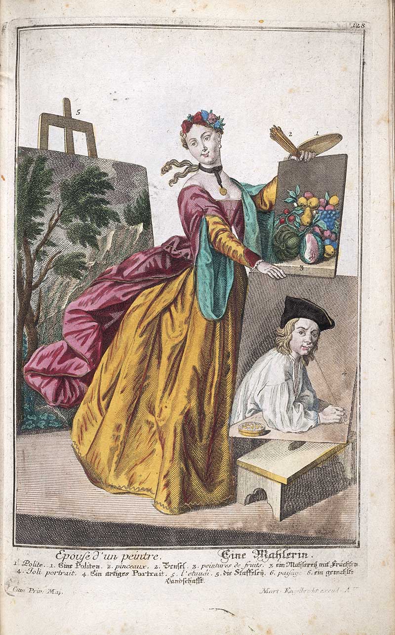 Antique costume print of a painter's wife standing by an easel and painted canvas, with a palette, brush, and artist at a drawing table nearby.