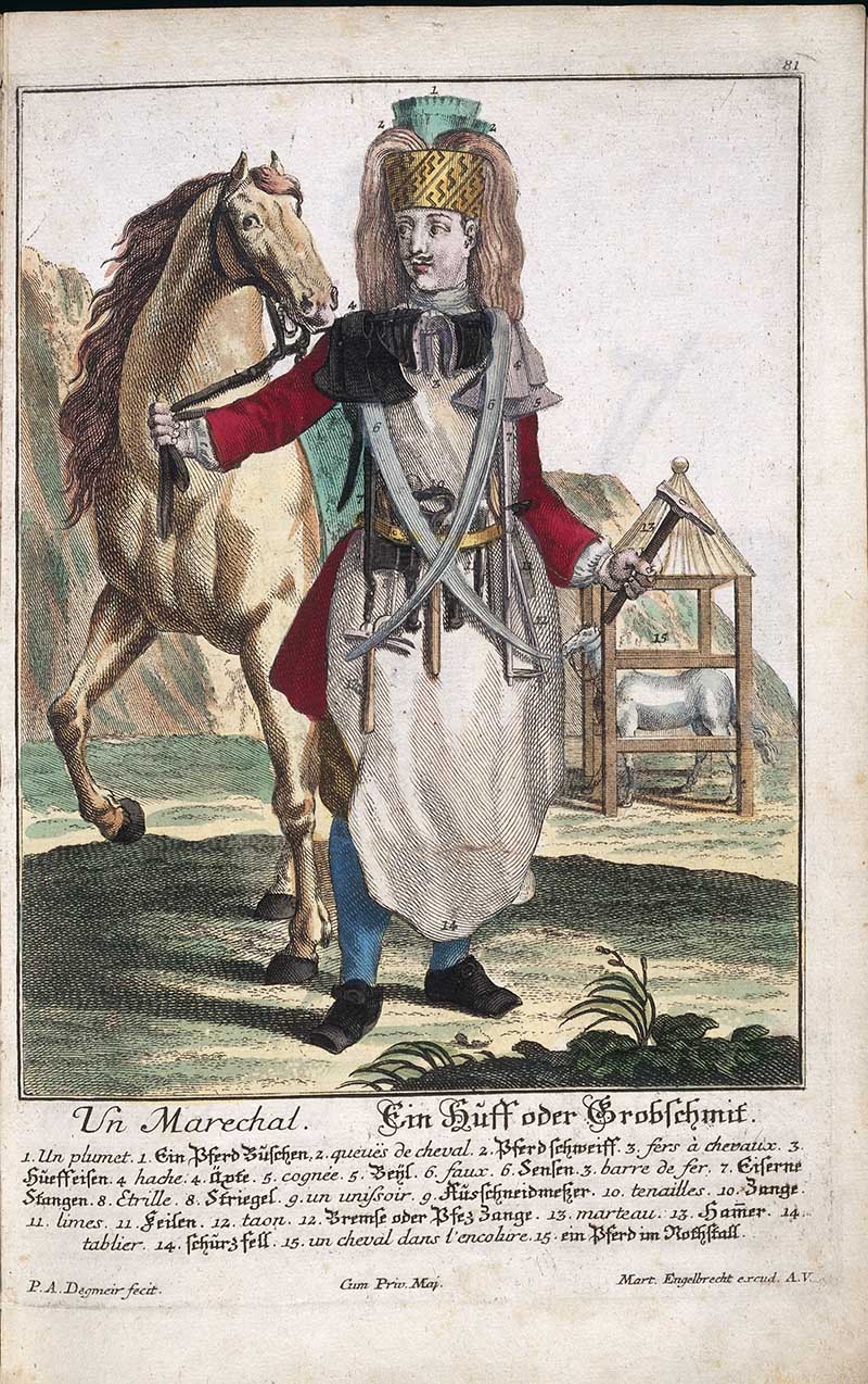 Antique costume print of a blacksmith or farrier with a horse, horseshoe tools, a small forge frame, and smithing equipment.
