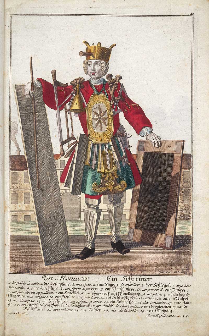 Antique costume print of a joiner or carpenter standing among boards, a saw, square, plane, and other woodworking tools.