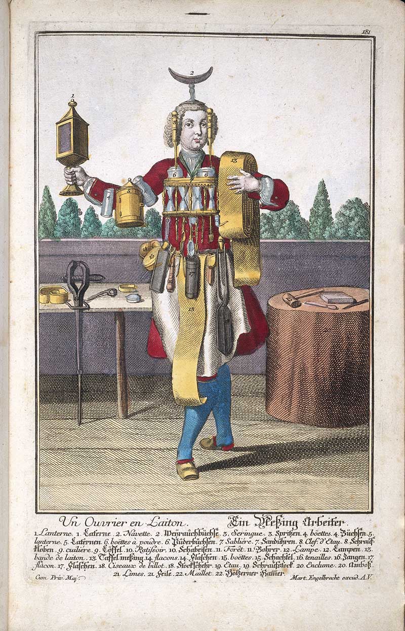 Antique costume print of a brass worker holding a lantern and brass vessel, with shears, tools, a kettle, and rolled brass sheet nearby.