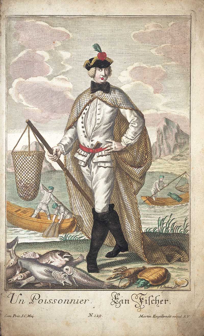 Antique costume print of a fishmonger with a landing net, fish basket, nets, boats, and fish displayed at his feet.