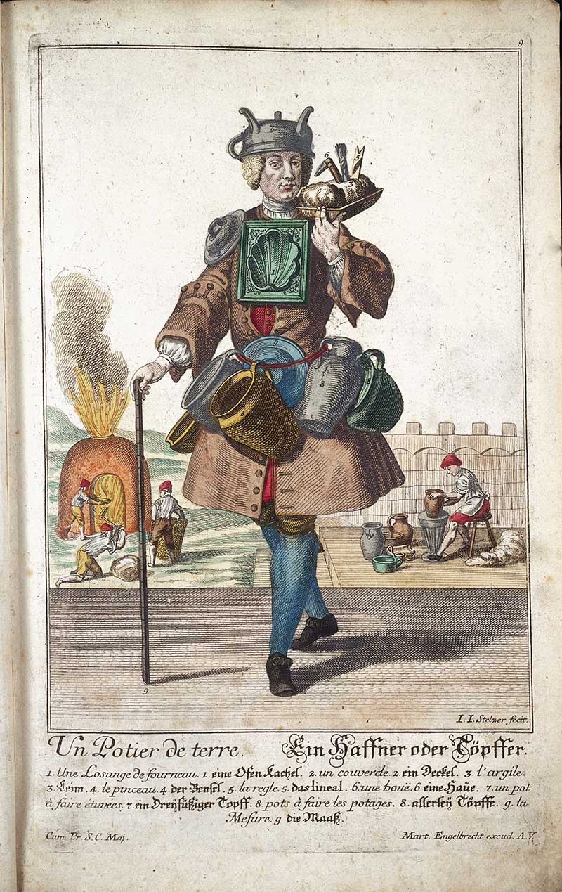 Antique costume print of a potter with a kiln, clay pot, jugs, bowls, fire, and pottery tools shown around the workshop.