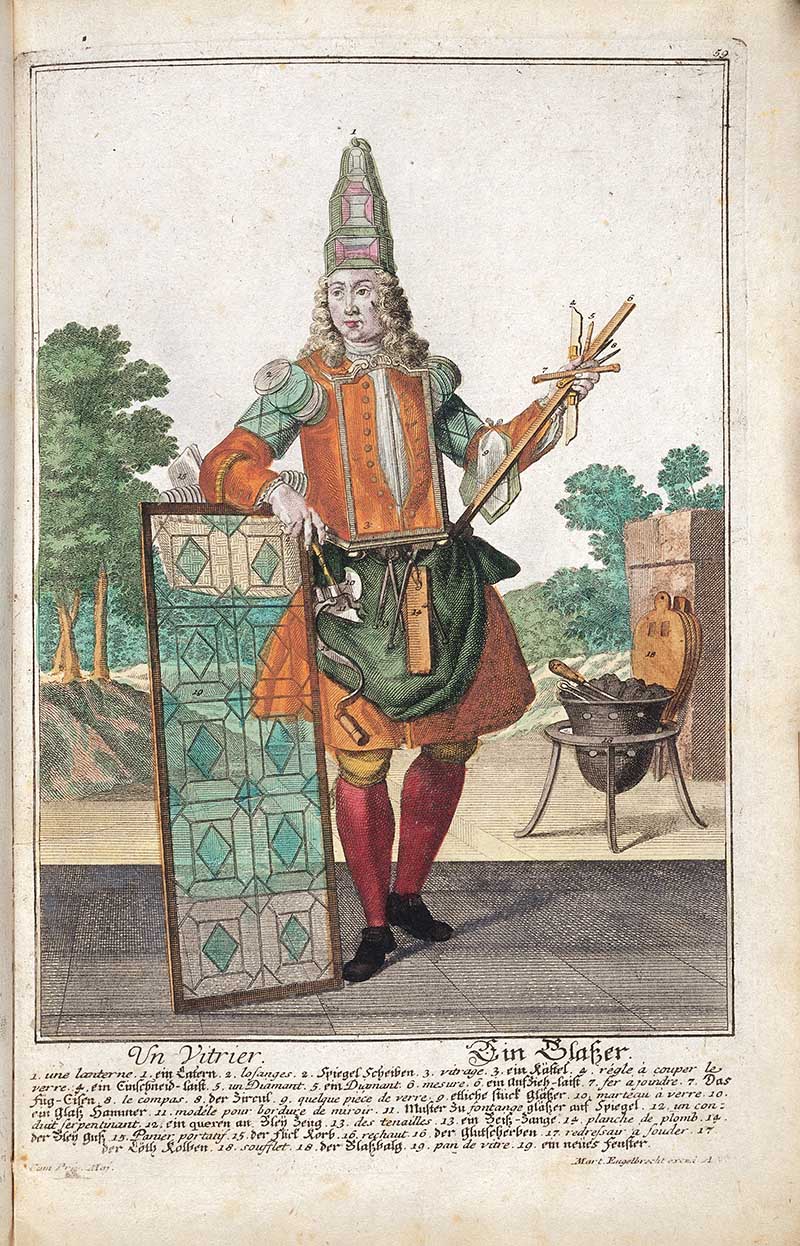 Antique costume print of a glazier holding glass panes and tools, with lead came, a brazier, and window glass panels beside him.