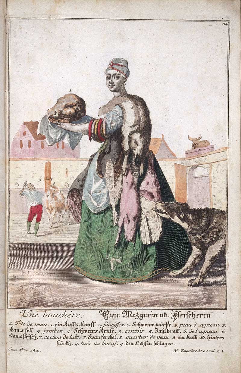 Antique costume print of a female butcher carrying a pig's head and meat, with a dog, knife or cleaver, and butchery scene behind her.