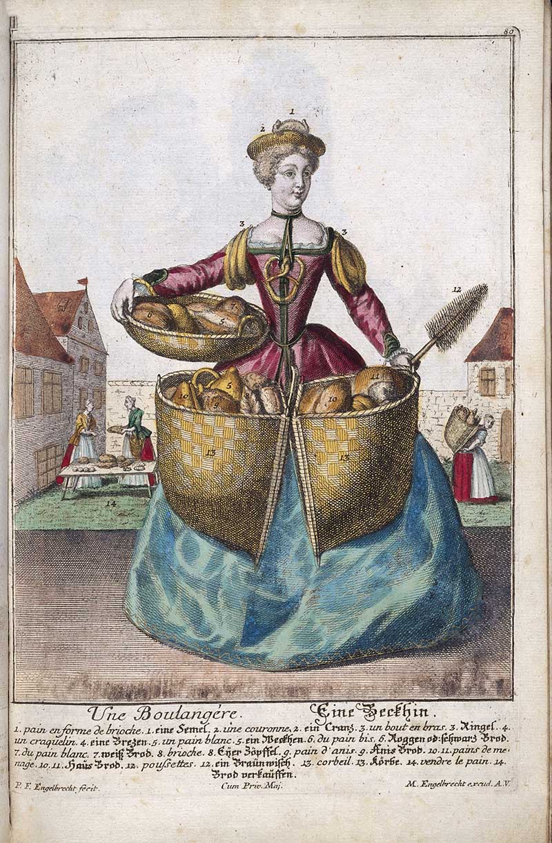 Antique costume print of a female baker carrying baskets of bread, with loaves, a brush or peel, and bakehouse activity in the background.