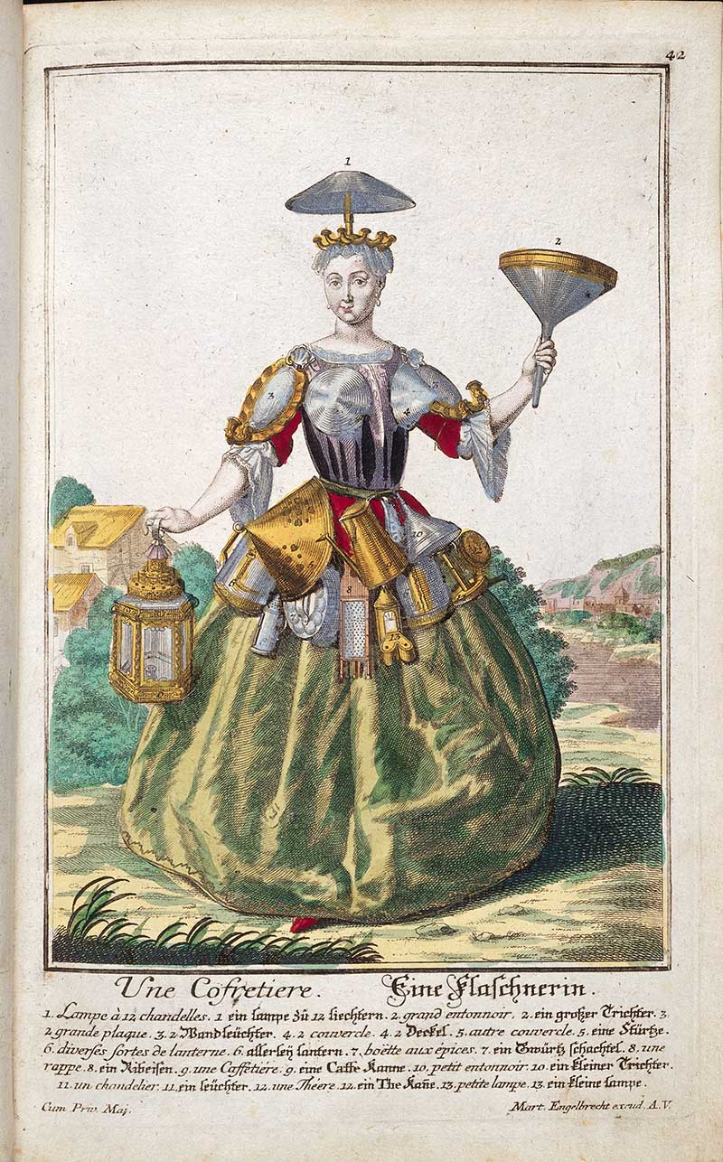 Antique costume print of a female coffer or chest maker holding a small chest and funnel-shaped tool, with boxes and trade objects on her costume.