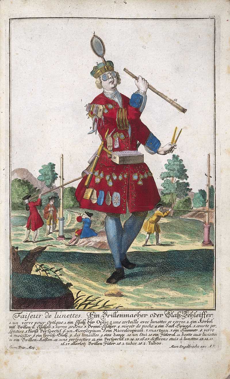 Antique costume print of a glasses maker wearing spectacles and optical tools, holding a measuring rod beside lenses, frames, and people using eyewear in the background.
