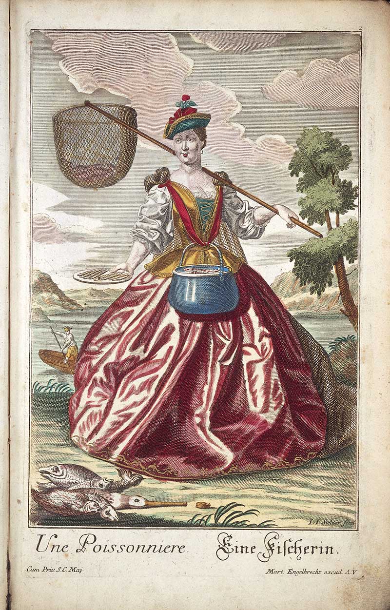 Antique costume print of a female fishmonger with a fishing net, bucket, basket, fish on the ground, and boats in the background.