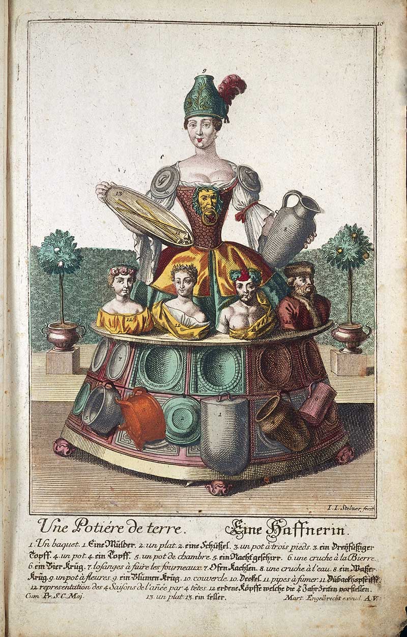 Antique costume print of a female potter surrounded by ceramic jugs, bowls, plates, pitchers, and pottery wares arranged on her costume.