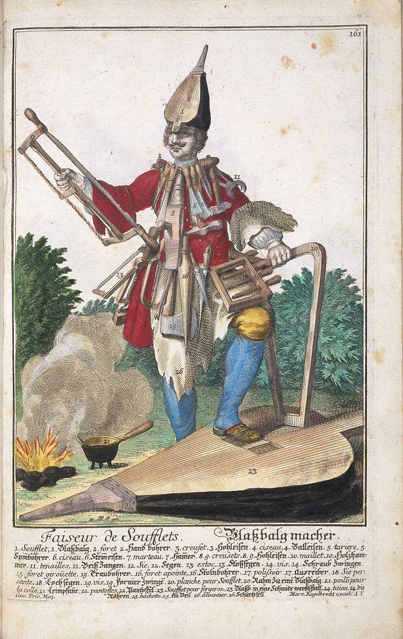 Antique costume print of a bellows maker with wooden bellows, frames, handles, and workshop tools, standing near a small smoky fire.