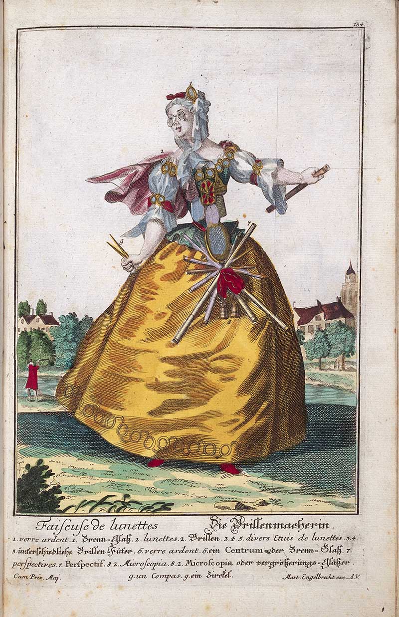 Antique costume print of a female glasses maker wearing spectacle frames and optical instruments, with lenses, measuring rods, and eyewear tools decorating her costume.