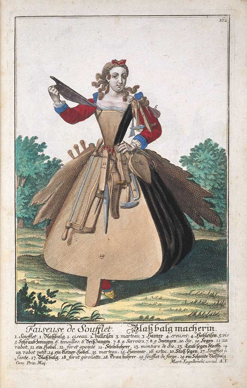 Antique costume print of a female bellows maker carrying large bellows, wooden handles, and trade tools as part of her costume.