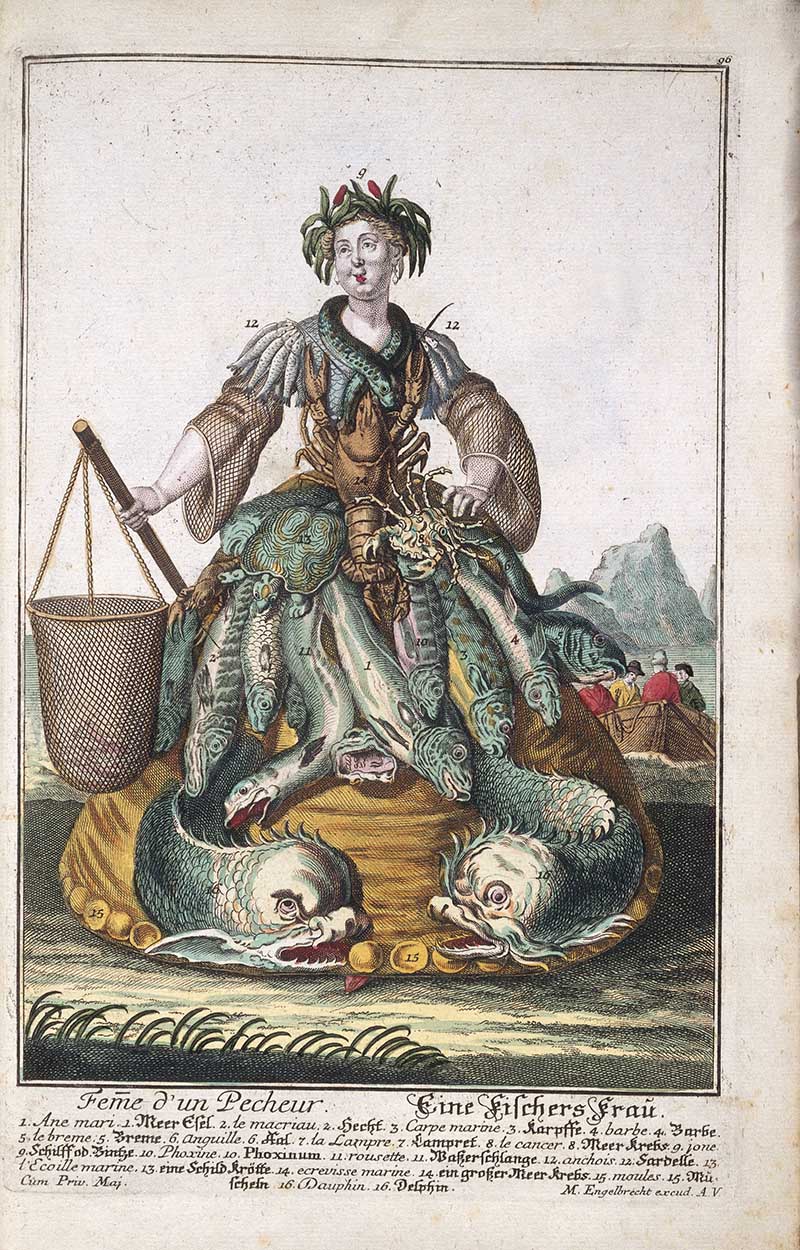 Antique costume print of a fisherman's wife with a carrying basket, fishing net, fish, and sea creatures worked into her costume.