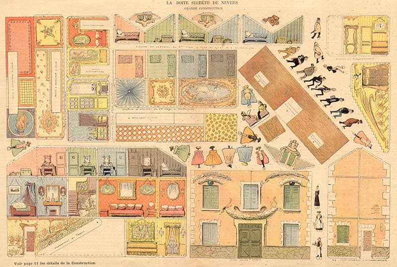 French chromolithograph cutout sheet La Boite Secrete de Nevers, with colourful village houses, decorated panels and tiny figures to cut out and assemble