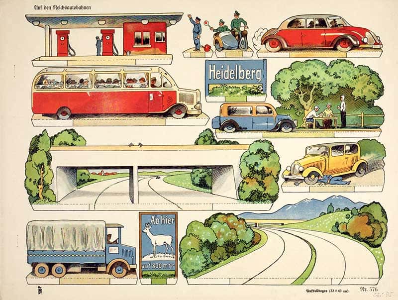 Vintage German paper cutout sheet, Bilderbogen 576 Auf den Reichsautobahnen, with 1930s motorway traffic, buses, cars, a lorry, bridge and petrol station